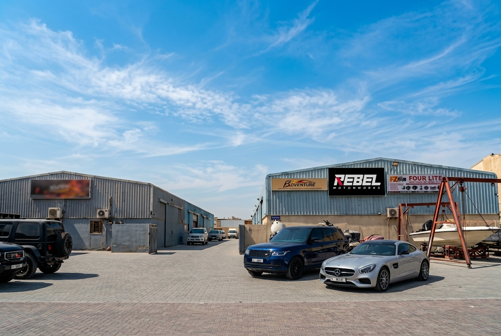 Rebel Motorworks workshop exterior in Al Quoz, Dubai, with Range Rover, BMW, Audi and other luxury cars outside